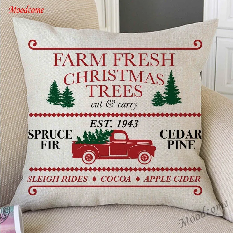 

Merry Christmas Decoration Farm Fresh Christmas Tree Truck Nordic Sofa Throw Pillow Case Cotton Linen Xmas Art Car Cushion Cover
