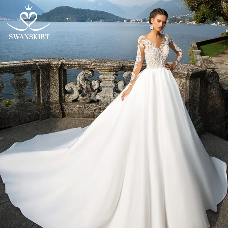 Сатиновые Свадебные платья Swanskirt с глубоким круглым вырезом модель 2020 года