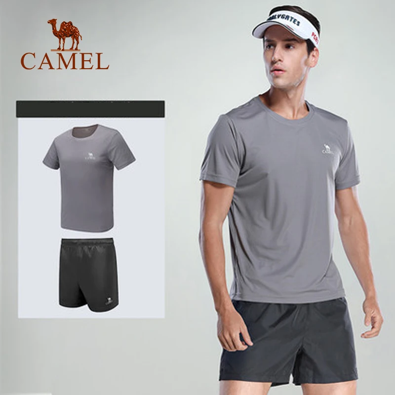 

CAMEL Men Sports Sets Running Shorts Gym T-Shirts 2pcs Training Quick Dry Bodybuilding Anti-Sweat Polyester Pocket Stretchy