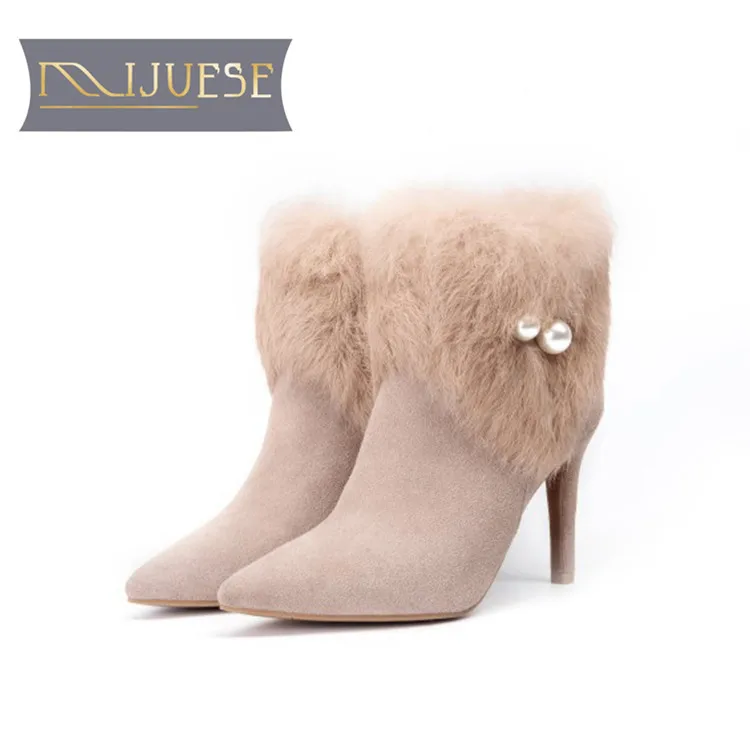 

MLJUESE 2018 women ankle boots cow Suede rabbit hair pearls winter fur short plush boots thin heel high heels snow boots