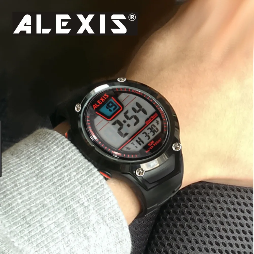 ALEXIS Брендовые повседневные Черные часы с будильником водонепроницаемые мужские и женские цифровые часы DW423B