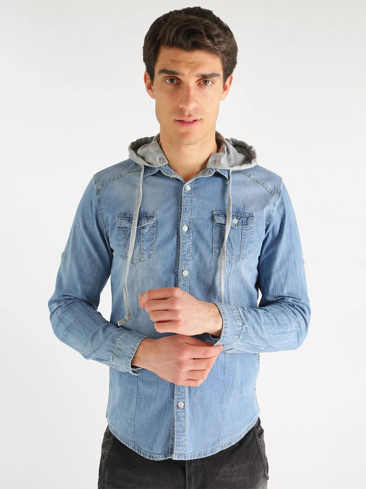 Denim shirt hooded sweatshirt-in Casual Shirts from Men's Clothing on