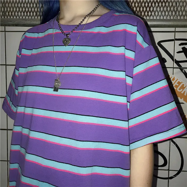 

Korean version of ulzzang 2019 Summer T-Shirt Women Purple Striped Short Sleeved T-shirt Round Neck Tees