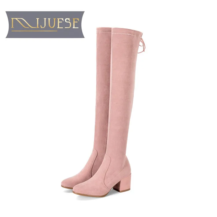 Femme Haute Tissu Mljuese 2019 Le black Femmes Pointu Genou Talon Rose Corée Sur Bout Bottes Couleur Pink Carré Stretch D'hiver 81qTwr8a