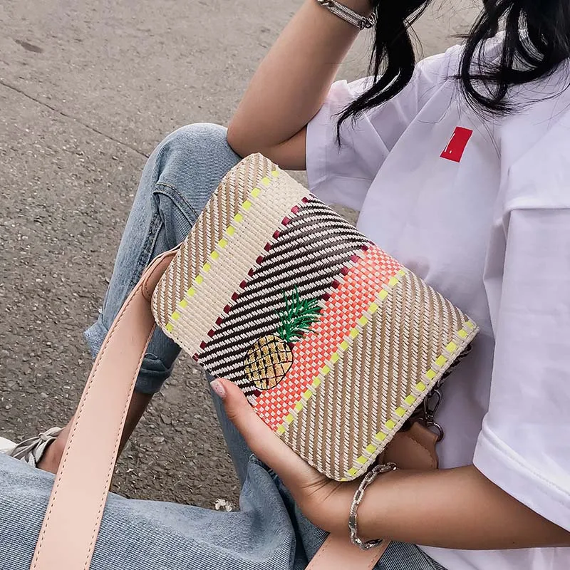 Summer New Women Handbag Fashion Female Rattan Straw Bags Lady Knit Pineapple Crossbody INS Popular Travel Messenger Bag SS3121 (1)