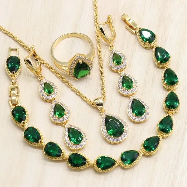 Женские Золотые Ювелирные наборы зеленый фианит длинные CZ серьги подвеска ожерелье кольцо браслет - Окраска металла: 4PCS