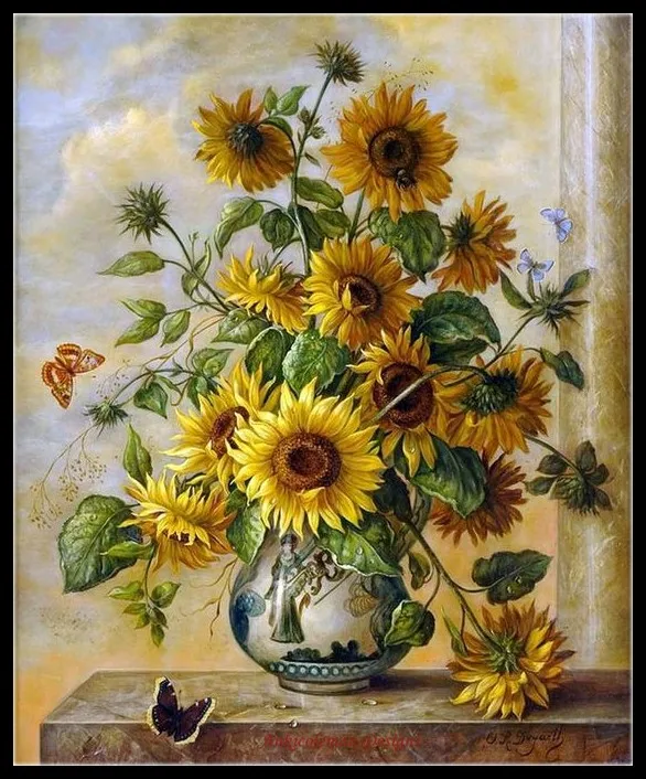 

Counted Cross Stitch Kits Needlework Embroidery - 14 ct Aida DMC Color DIY Arts Handmade Home Decor - Sunflowers in Vase