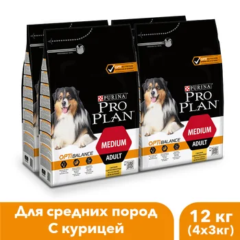 

Pro Plan dry food for adult dogs of medium breeds with the OPTIBALANCE complex with high chicken content, 12 kg.