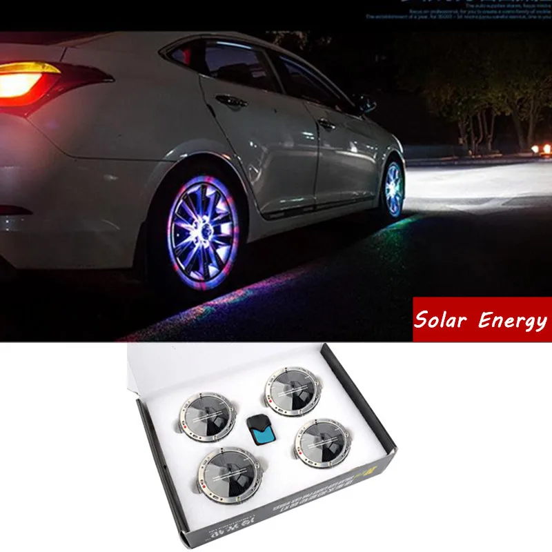 

New Solar Energy wheel hub light Colorful Car Tyre Light LED Wheel lamp conversion kit RGB Car warnling light car styling Remote