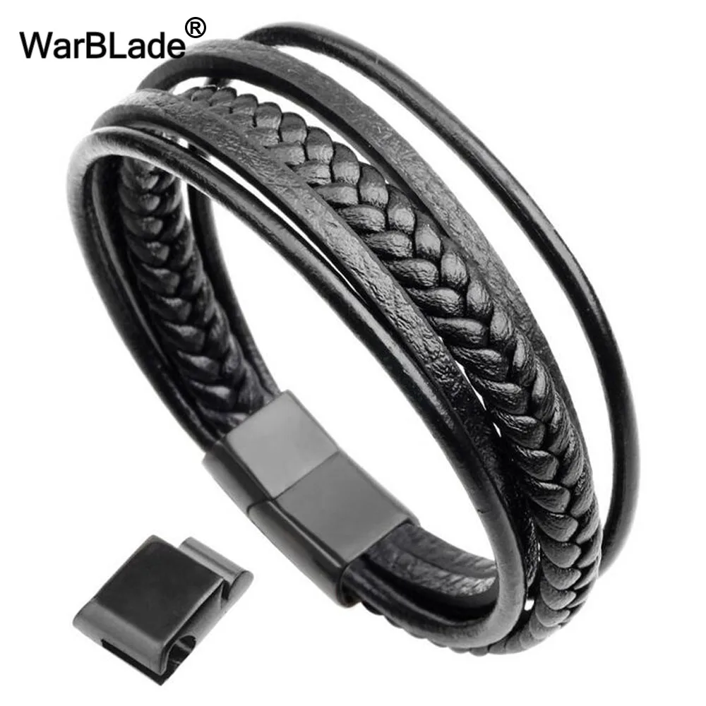Warblade высокое качество Модные украшения Нержавеющая сталь Для мужчин Браслеты Многослойные натуральной Кожаные браслеты черный браслет
