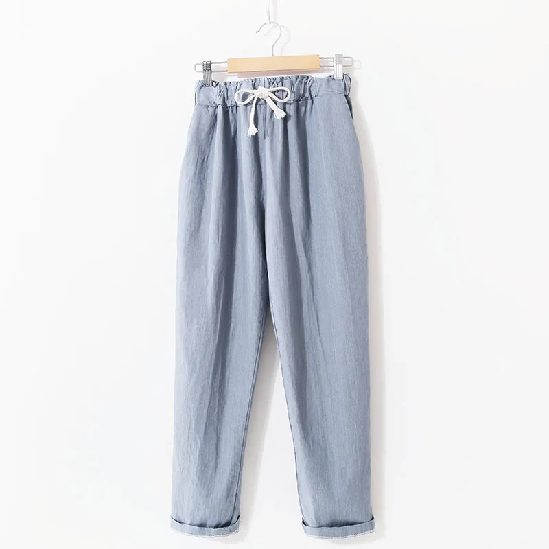 Obrix Loose Light Cotton Casual Style Female Pants Streetwear Sporty Regular Drawstring Elastic Waist Trousers For Everyday Wear - Цвет: Gray Light Blue