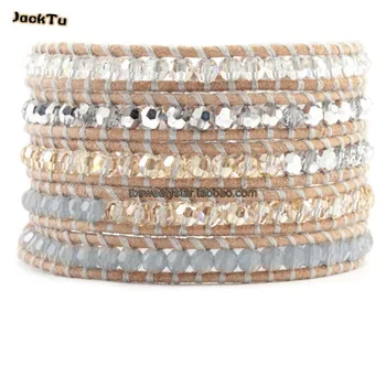 

mixed color crystal wrap bracelet on dark brown leather