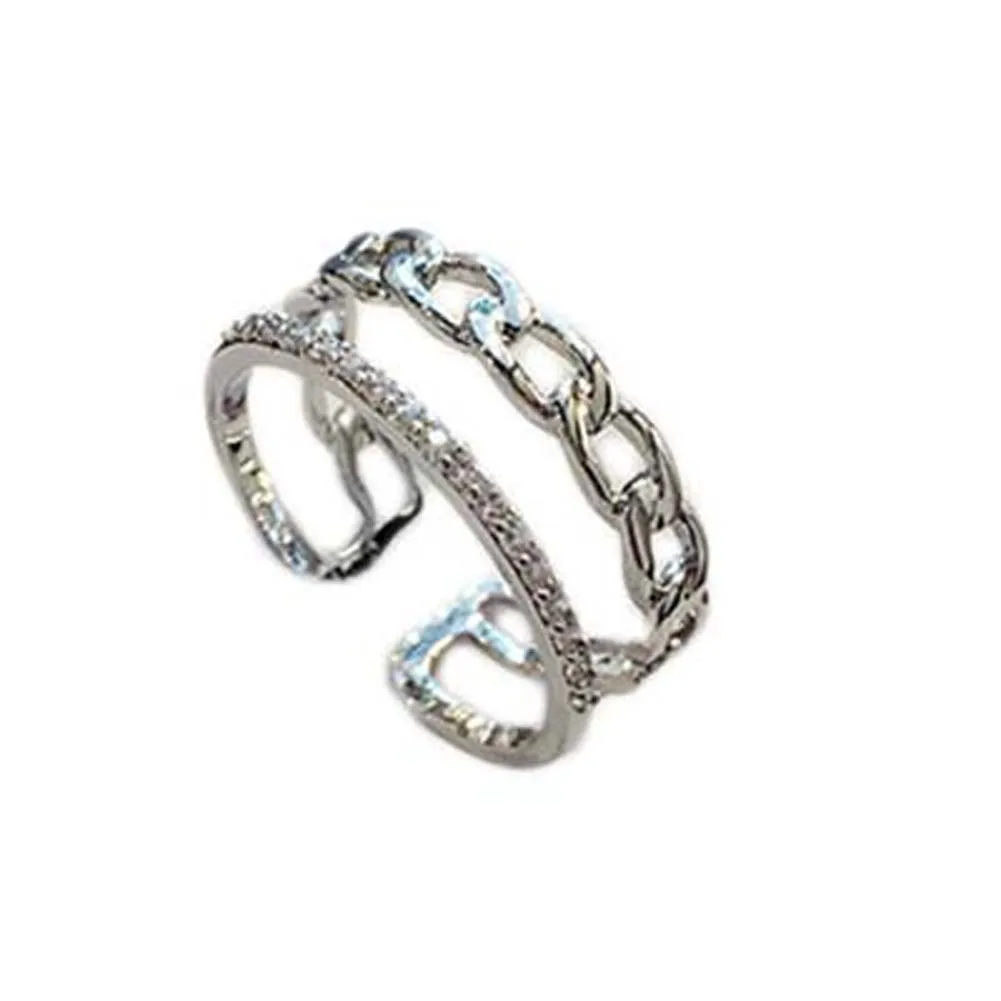 

2019 new Fashion Vintage Chain Double layer Ring alloy Simple CZ rhinestone Pave Setting Decorate Open Ring Women Jewelry