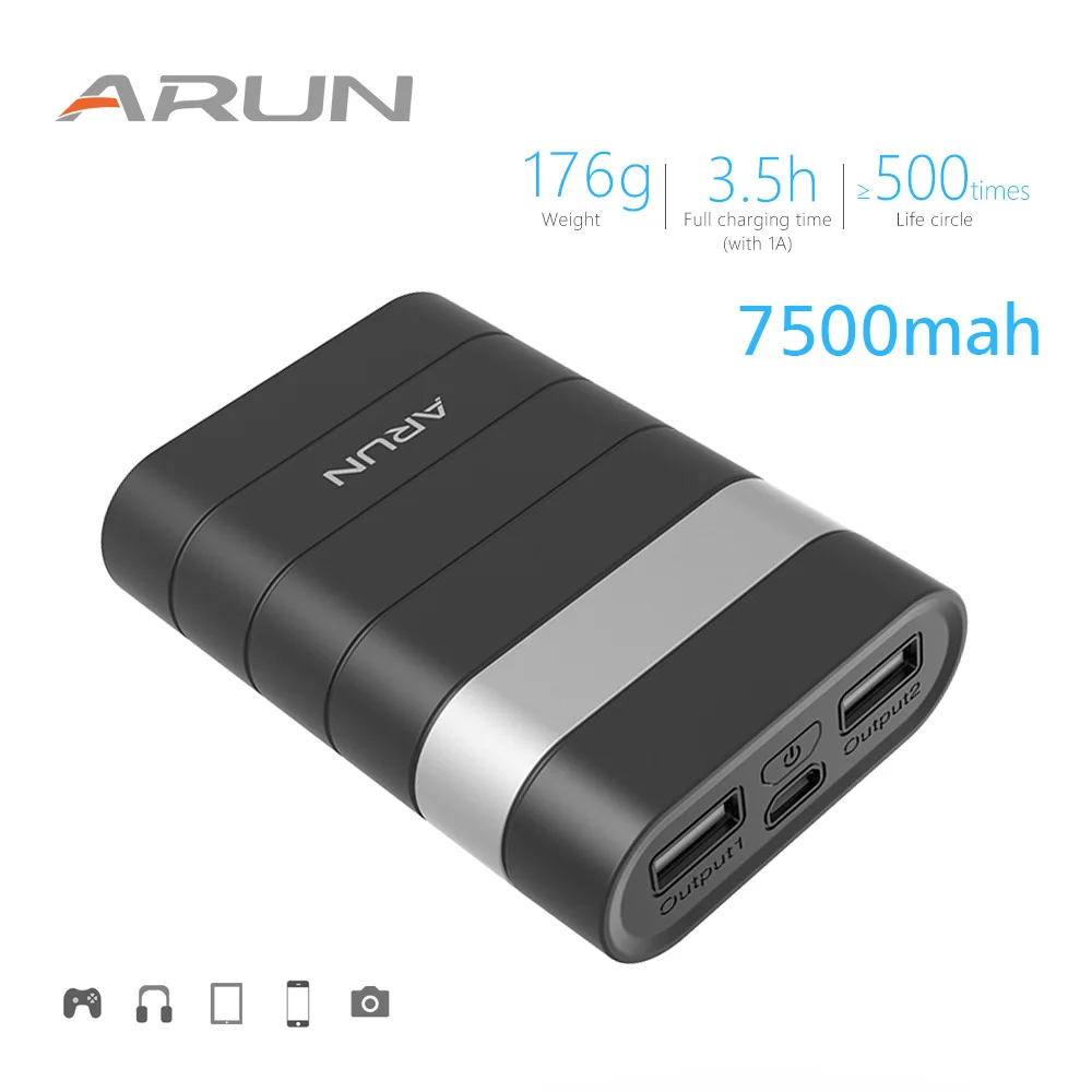 

ARUN 7500mah Power Bank External Battery PoverBank 2 USB Powerbank Portable Mobile phone Charger for Xiaomi MI iphone XS huawei