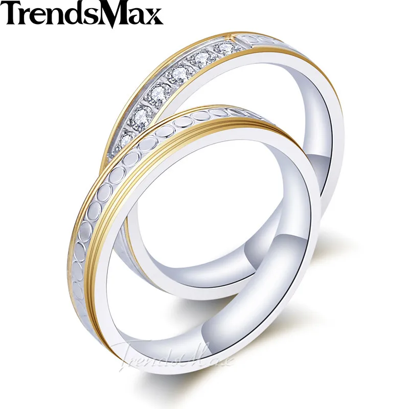 Trendsmax Rhinestones Ring Set Womens Girls Stainless Steel Wedding Engagement Gold Silver Tone 4mm KKR118