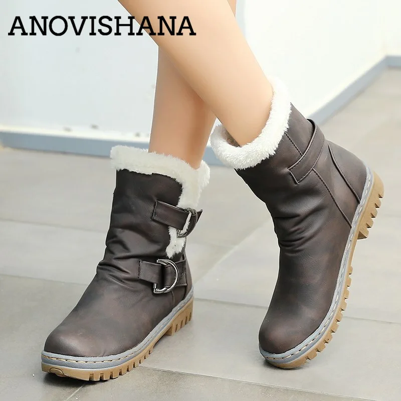 

ANOVISHANA Russia Snow Boots female buckle Leather ankle boots women boots Warm boots Shoes woman booties botas feminina S676