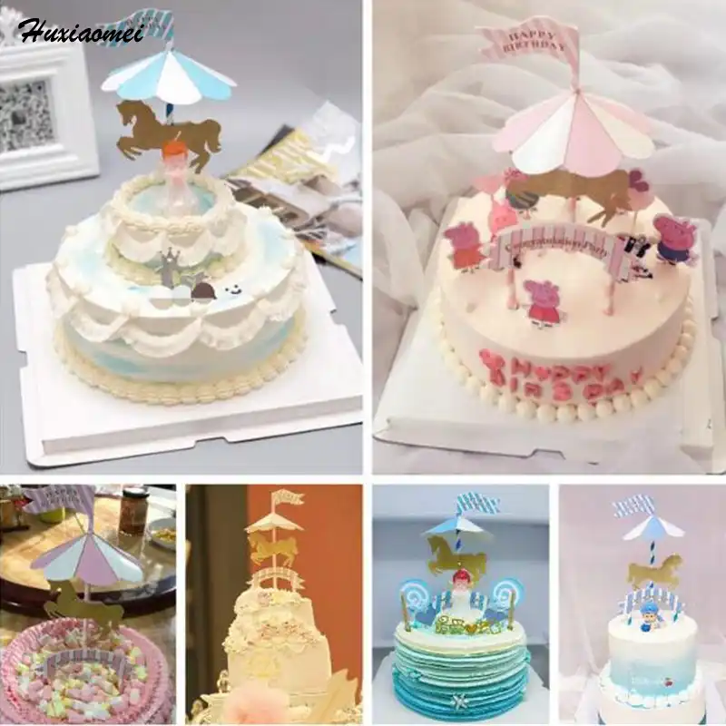 Huxiaomei 1pcs Birthday Cartoon Carousel Theme Cake Picks Flag