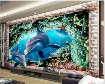 

Custom 3d photo Wallpaper murals Mediterranean mural 3D underwater world Dolphin background wall decorative painting Ocean Mural