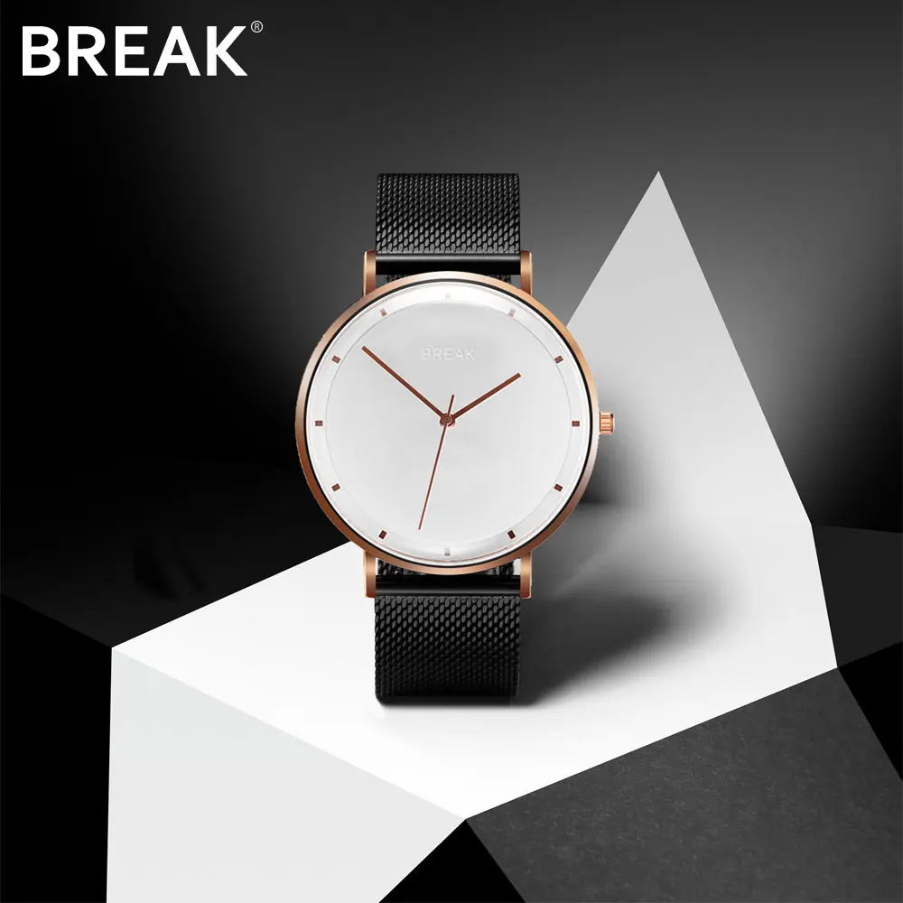 

BREAK Men's Fashion Casual Ultra-thin Japanese Quartz Black Watch Stainless Steel Mesh band with Waterproof Unisex Wristwatch