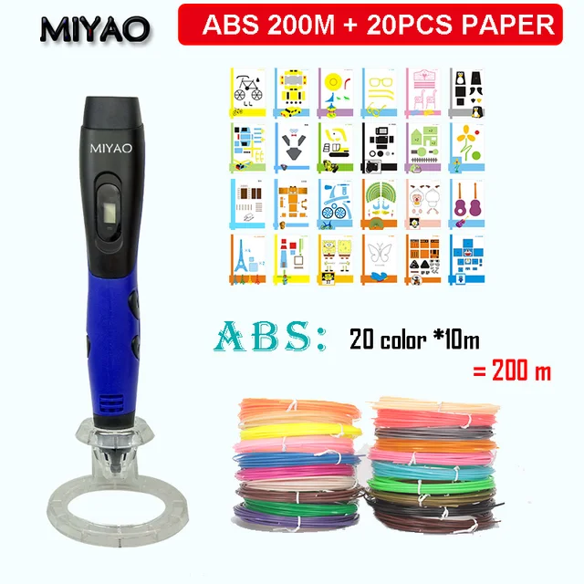 Best Offers MIYAO Newest 3D scribble pen,with 0.7mm printing ABS filament(20color*10meter) + 20psc paper model , LED screen,3D printing pen