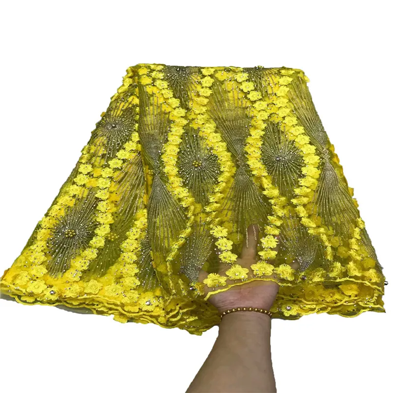 

African Yellow/Gold Embroidery French Net Lace Fabric Nigerian Lace Fabric 2018 High Quality Lace With Beaded And Stones X810-4