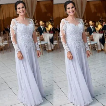 

Plus size Chiffon Mother Of The Bride Dresses 2019 Illusion Long Sleeves Appliques Women Formal Wedding Guest Dresses