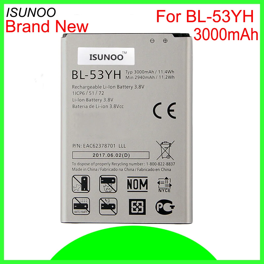 ISUNOO 10 шт./лот 3000 мАч BL-53YH Аккумулятор для LG G3 D830 D850 D851 D855 D857 D858 D859 F400 F460 F470 VS985 |