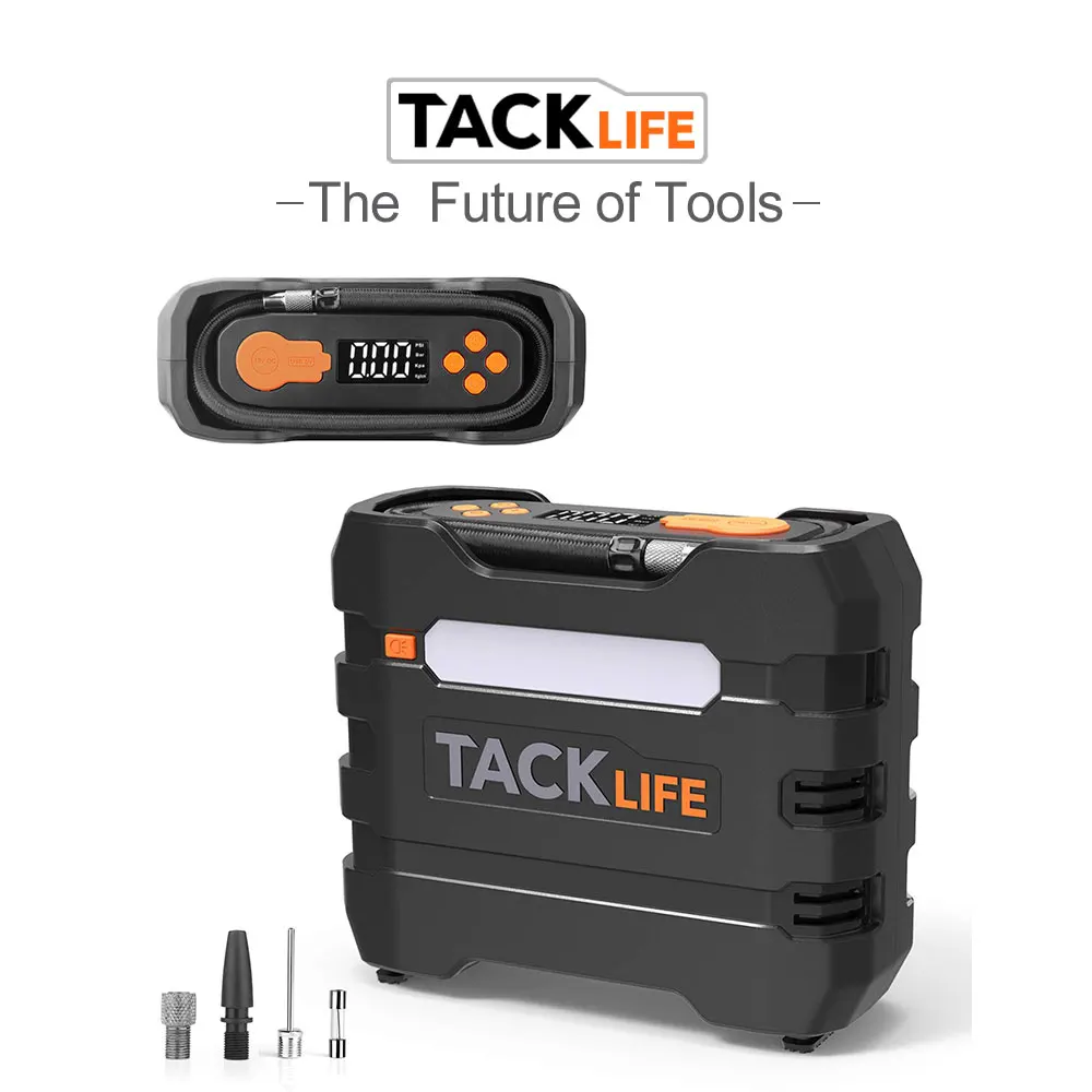 

TACKLIFE ACP1B Air Compressor Pump 12V Tire Pump Digital Tire Nozzle Adaptors and Extra Fuse150PSI Air Pump