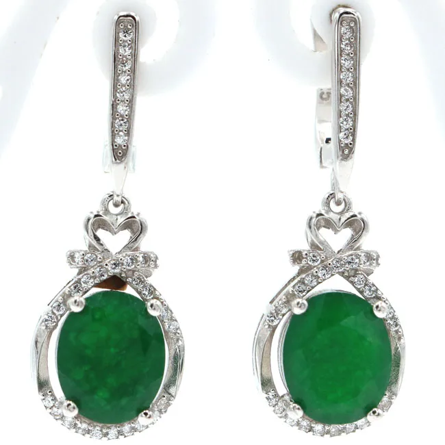 

5.7g Real 925 Solid Sterling Silver Romantic Real Green Emerald Woman's Stud Earrings 35x13mm