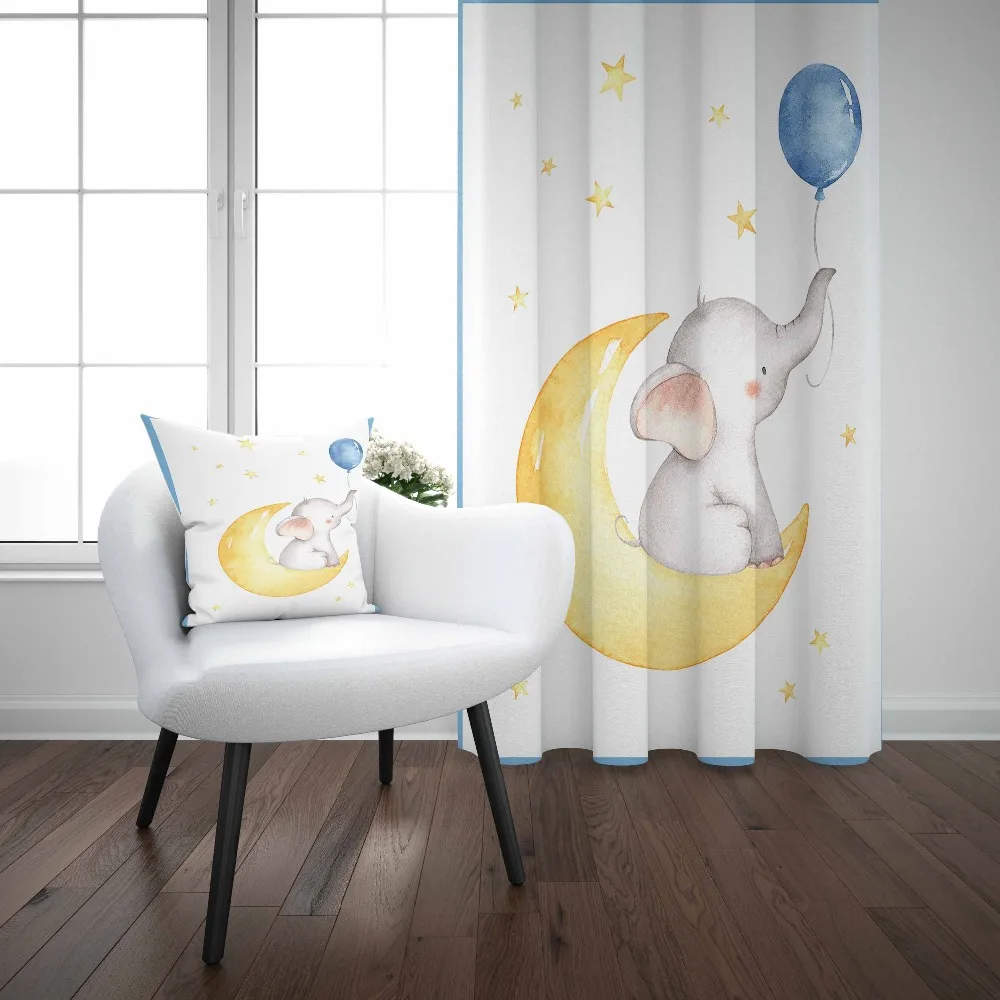 

Else White Floor Yellow Moon Elephant Blue Balloon 3d Kids Print Baby Children Window Panel Set Curtain Combine Gift Pillow Case