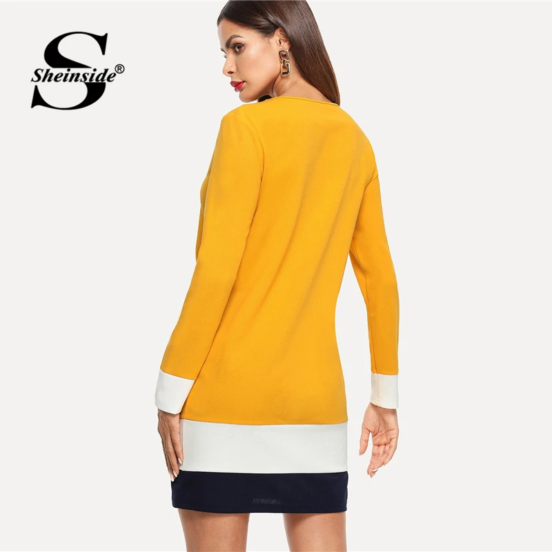 Sheinside Ginger Color Block Tunic Dress Women Autumn Clothes Long Sleeve Shift Dresses 2018 Ladies Workwear Casual Mini Dress