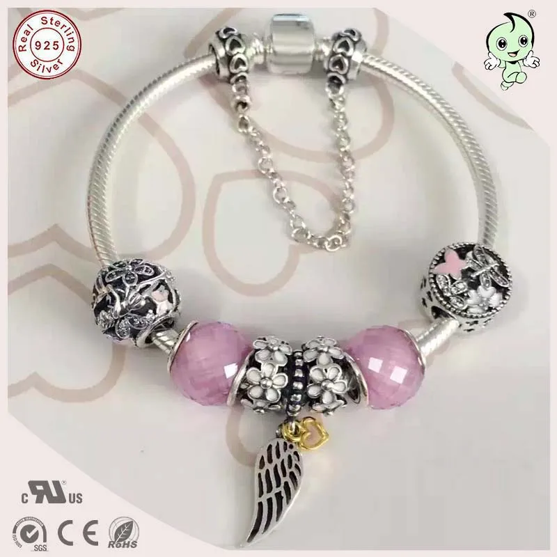 

High Quality New Arrival Pink Series Silver Angel Wings And Silver Animal Charm And Animal Charm 925 Genuine Silver Bracelet