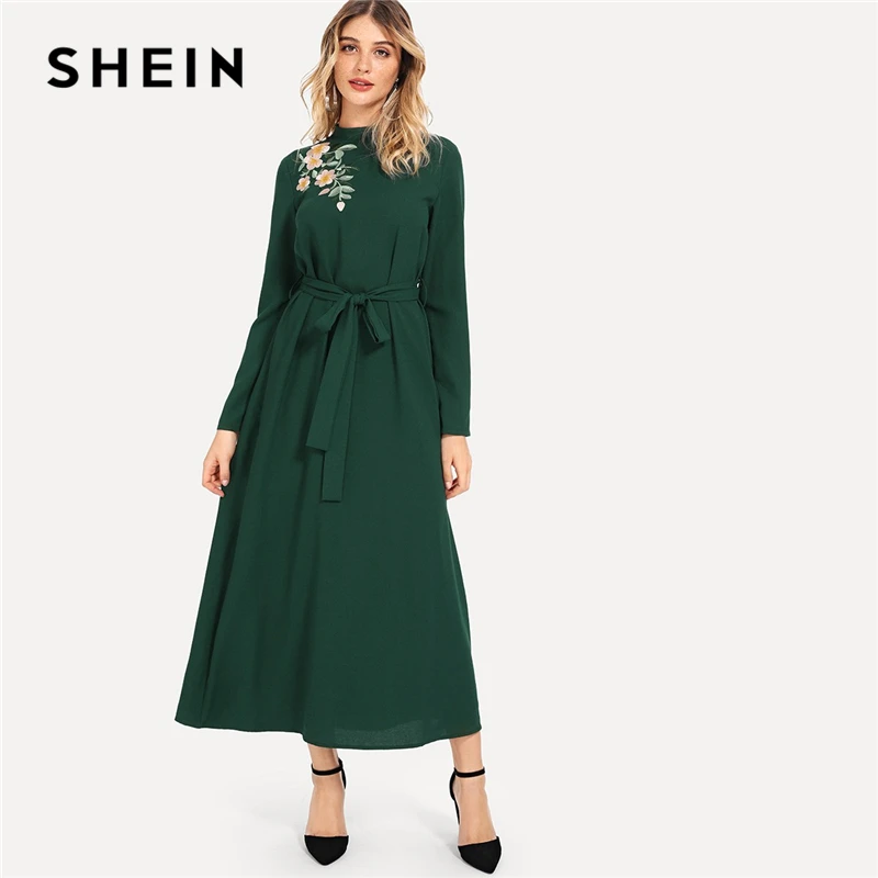 SHEIN Green Elegant Party Flower Embroidered Mock Neck Long Sleeve ...