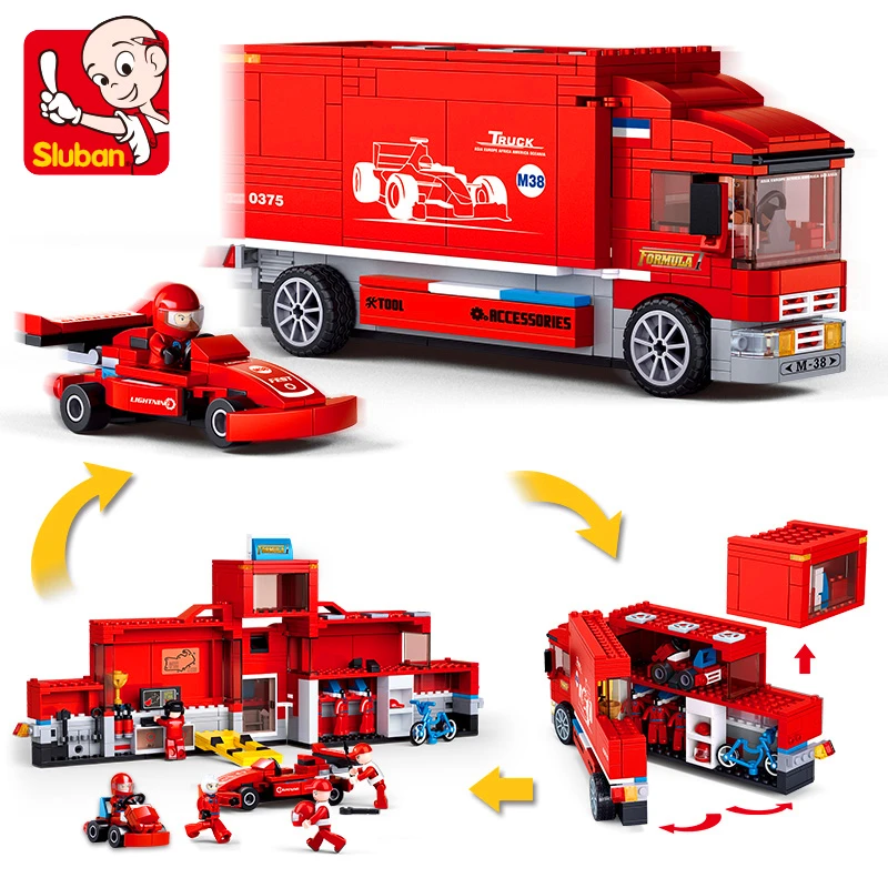 

Sluban 0375 2in1 F1 Formula Racing Car Transport Truck Figure Blocks Construction Building Toys For Children Compatible Legoe