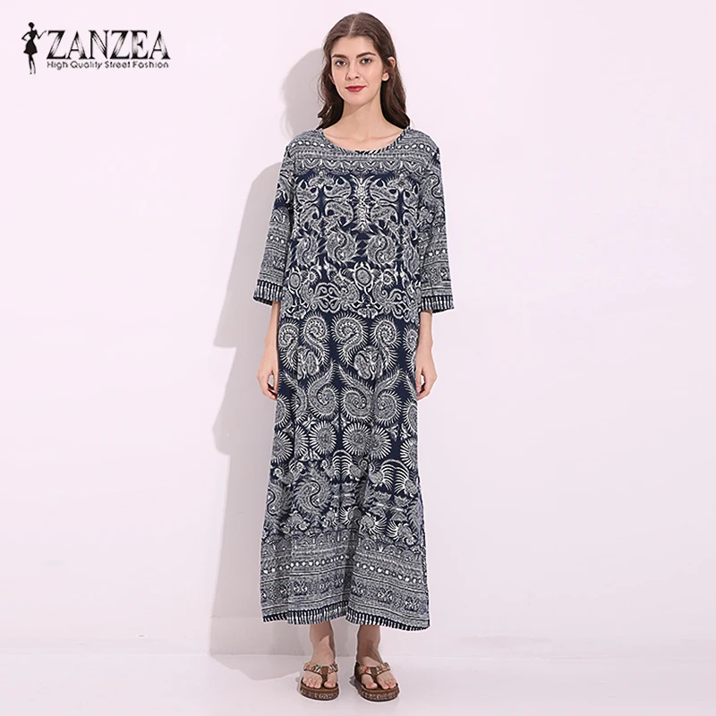 ZANZEA Women Round Neck Tunic Cotton Shirt Dress Oversized Loose Vintage Floral Print Vestido Long Maxi Dress Plus Size long-floral-maxi