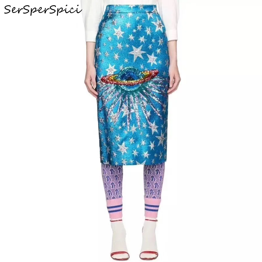 Модная женская юбка-карандаш синяя блестящая НЛО Узорчатая юбка с высокой талией шикарная OL Lady лазерная голограмма миди юбки