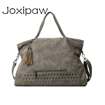 

Joxipaw Brand Rivet Nubuck Leather Women Bag Fashion Tassel Messenger Bag Vintage Shoulder Bag Quality Ladies Top-Handle B
