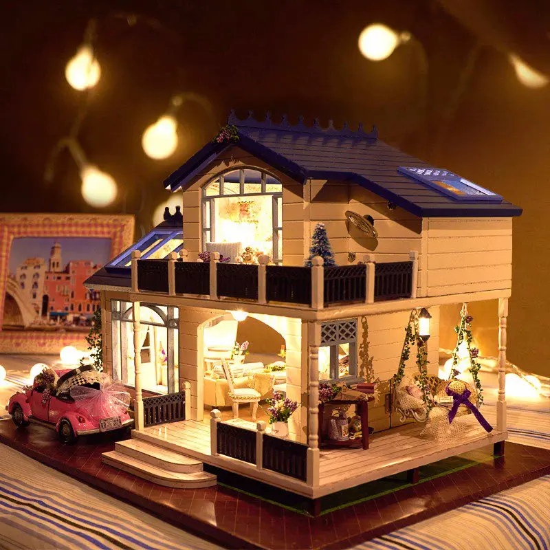 

1:24 DIY Handcraft Miniature Doll house Voice-activated LED Light&Music with Cover Provence Handmade 3D Dollhouse Toys Girl Gits