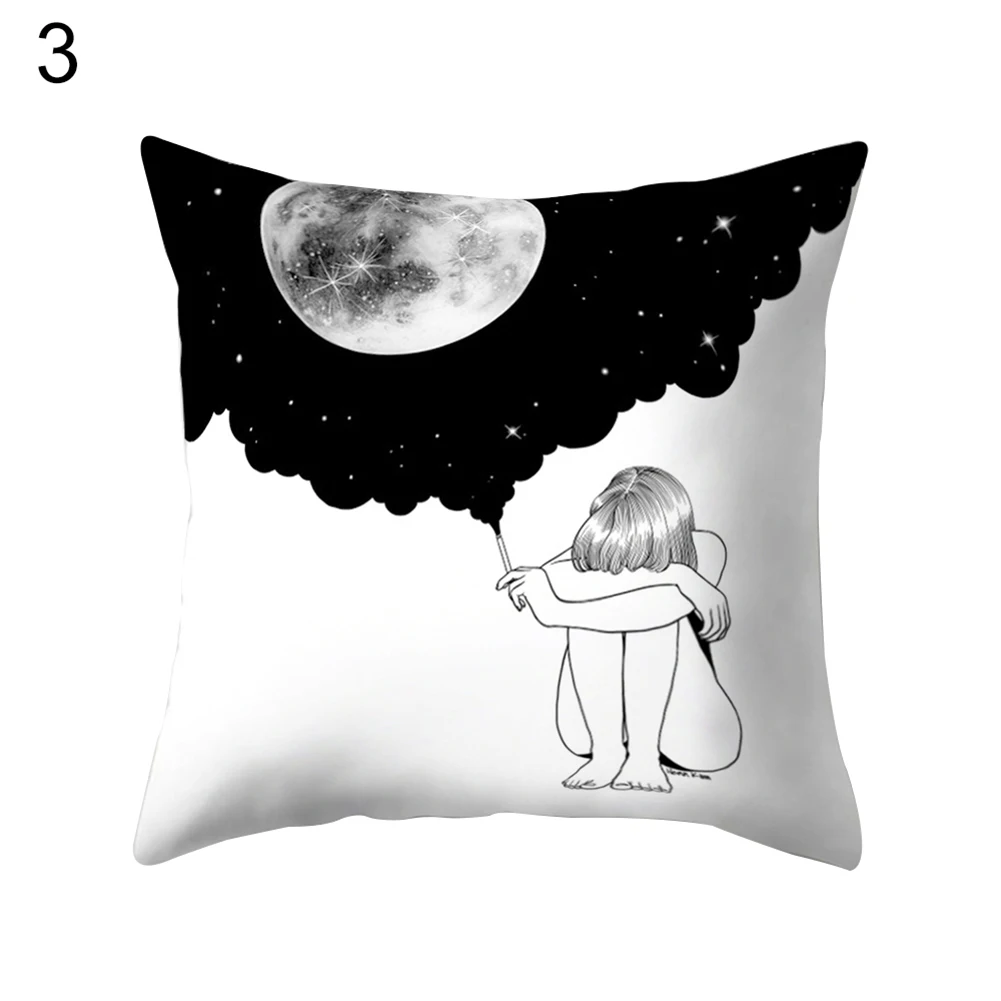 Pillow Case Black and White Cartoon Pattern Home Office Decorative