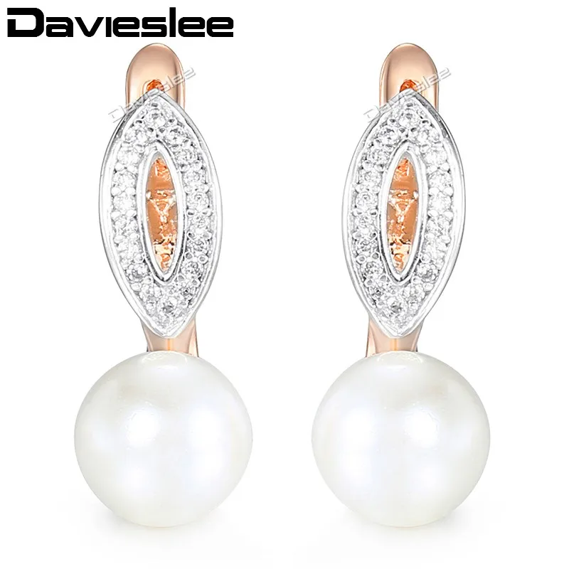 

Davieslee Earrings for Women Cut-out Oval Simulated Pearl 585 Rose Gold Filled Paved Clear Cubic Zirconia LGE113