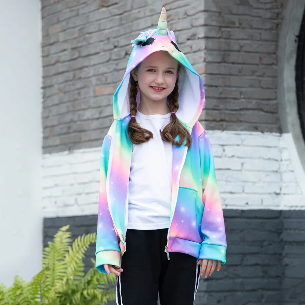 Весенняя куртка для девочек весенне-осенняя верхняя одежда с капюшоном для девочек с 3D изображением радуги и единорога толстовки на молнии Одежда для детей от 6 до 14 лет