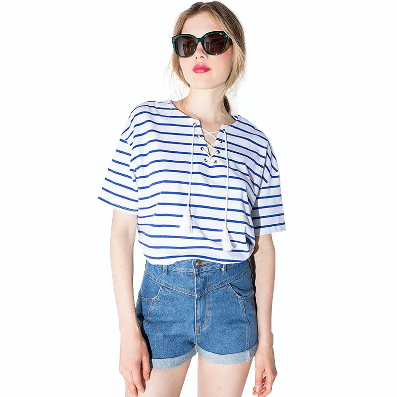 Women Summer Navy Wind Blue White Stripe T shirt Ladies