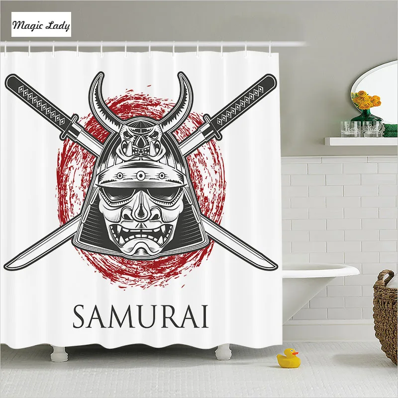 Shower Curtain Japan Bathroom Accessories Mask Representing Courage Honor Insignia Culture Red