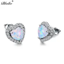 Blaike 925 пробы заполненный серебром белый огненный браслет с сердцем из опала серьги-гвоздики для женщин модные ювелирные изделия Очаровательная серьга с камнем-талисманом подарок