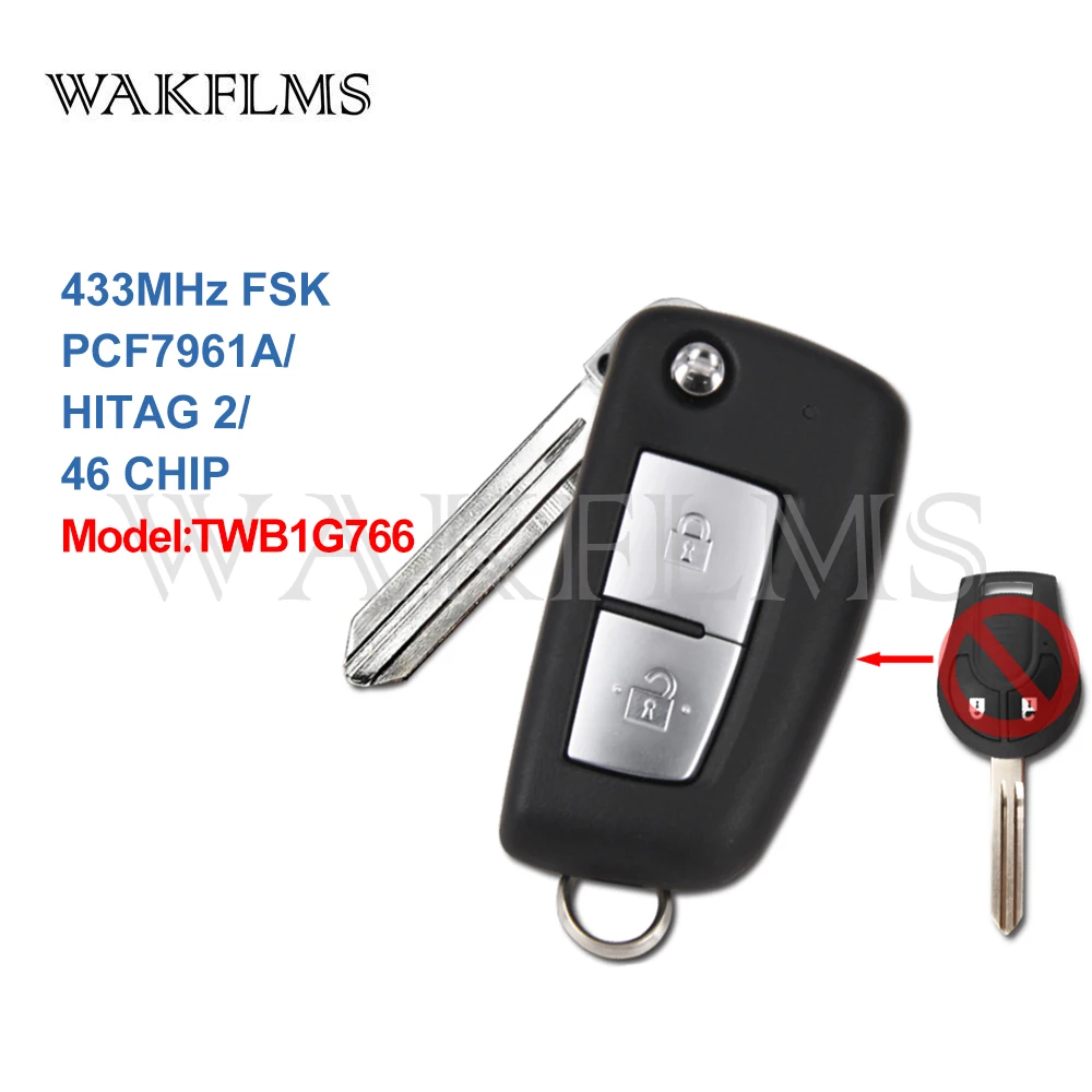 

Upgrade DIY OEM Shell 2 Buttons 433MHz PCF7961A ID46 Flip Remote Key Fob For Nissan Micra Note 2014 2015 2016 2017 TWB1G766