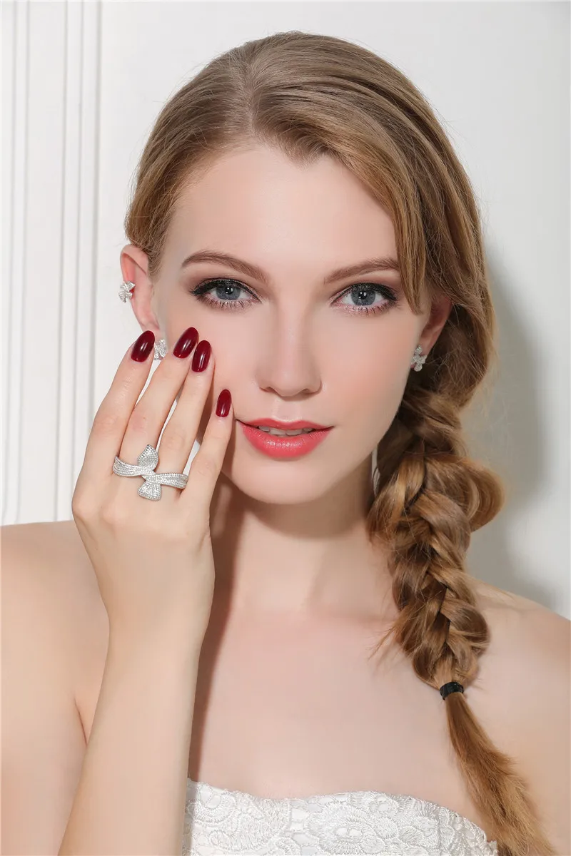 ZOZIRI high quality 925 Sterling Silver big bowknot Ring luxury brand jewelry for women cute girl zircon two finger ring design ZOZIRI high quality 925 Sterling Silver big bowknot Ring luxury brand jewelry for women cute girl zircon two finger ring design