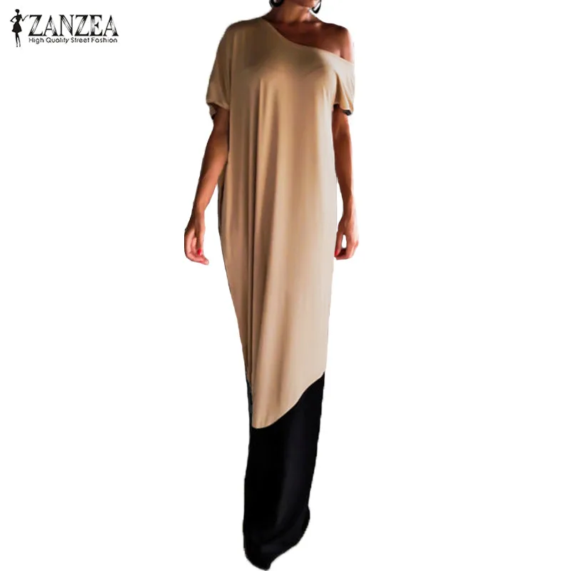 

2019 ZANZEA Elegant Women Off Shoulder Short Sleeve Summer Party Maxi Long Dress Casual Patchwork Kaftan Vestido Plus Size