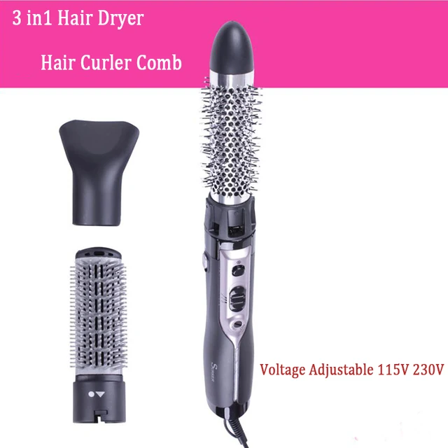 3 in1 Dual Voltage Hair Dryer Rotating Brush Roller Electric Curler