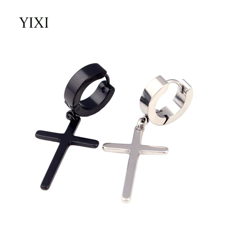 

YIXI Hip Hop Earrings Silver Gold Black Stainless Steel Mens Earrings 2017 Punk Rock Jewelry Cross Earrings Fashion Pendientes