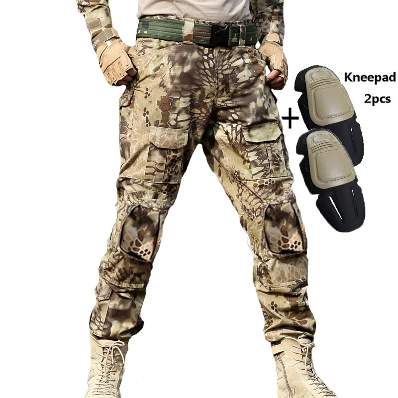 Уличные камуфляжные Охотничьи Брюки Военная одежда армейские боевые рыболовные охотничьи брюки наколенники тактические снаряжение походная одежда CS - Цвет: With 2 knee pads